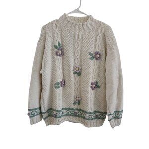 VTG Karen Scott Sweater Womens 2X Cable Knit  Floral Embroidered Cottagecore